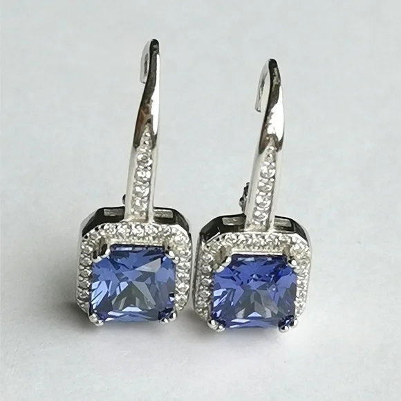 Sterling Silver CZ Sapphire CZ square cut earrings lever backs - Picture 5 of 9